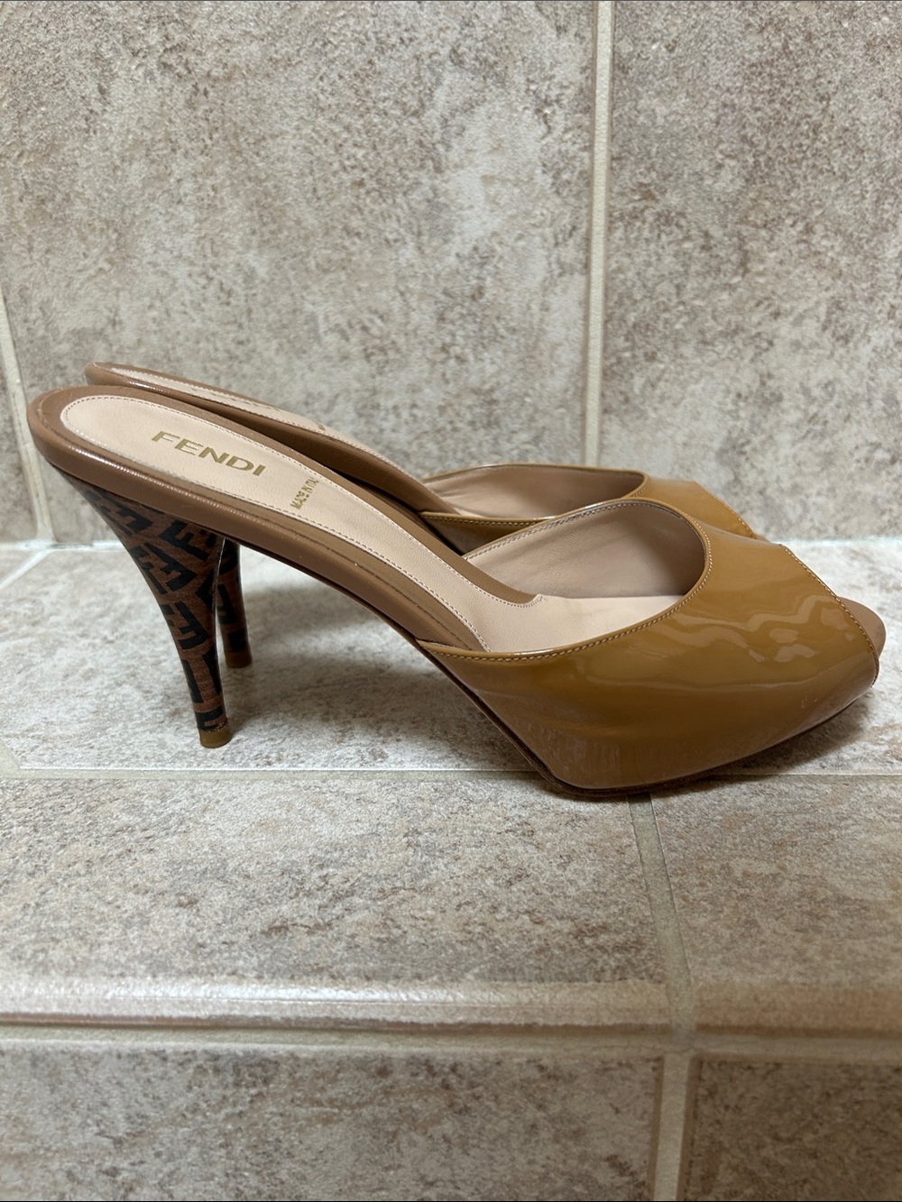 Fendi Tan Patent Leather Peep-Toe Madded Mules